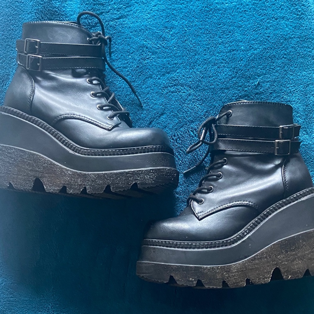 Demonia Black Platform Boots with Buckle Detail